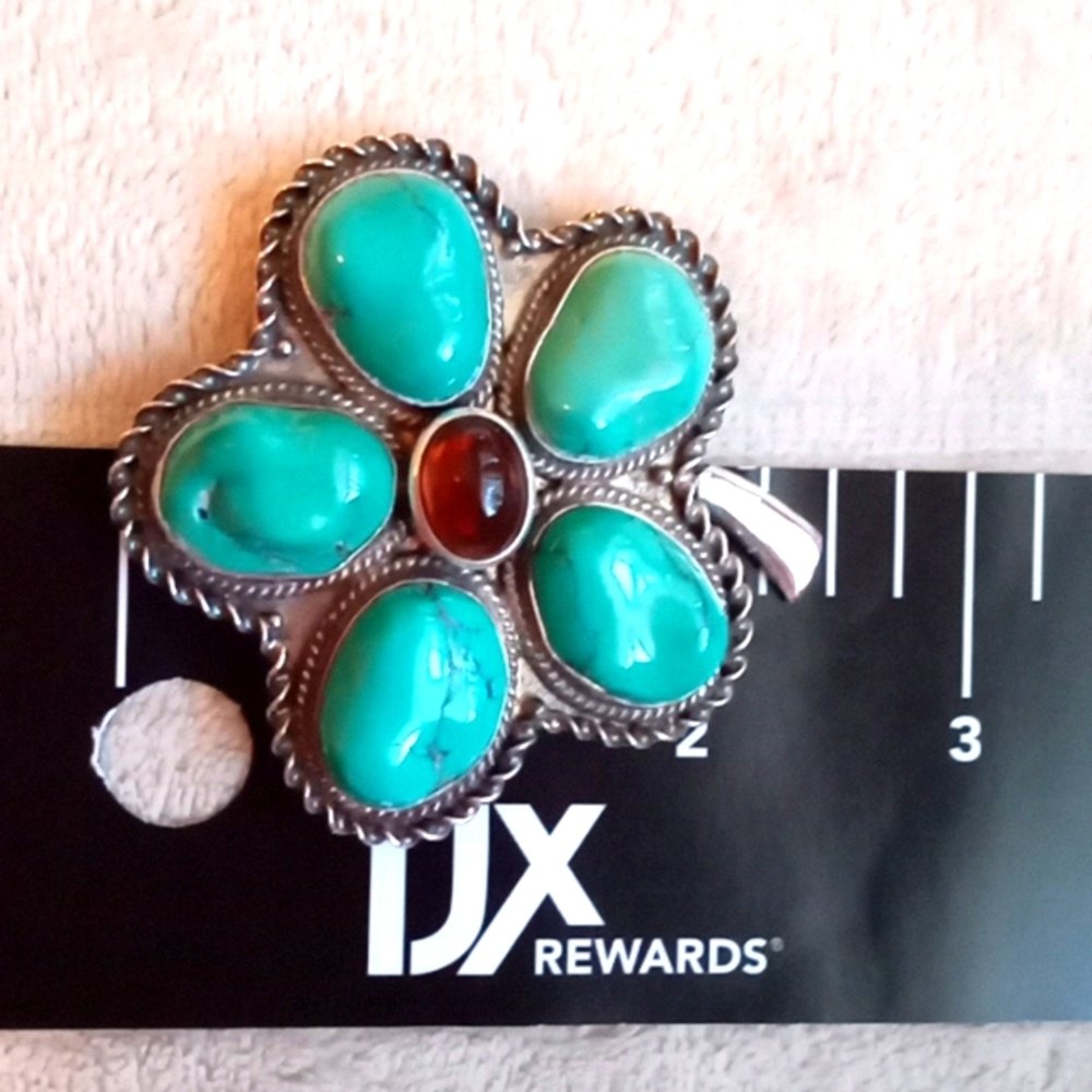 STERLING SILVER, TURQUOISE AND AMBER PIN/PENDENT - Picture 10 of 10
